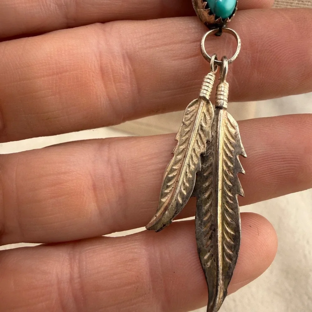 Sterling Silver‎ Necklace Turquoise Feathers Signed FA 19